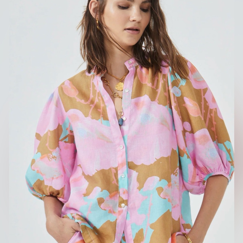 Like New LANHTROPY BUBBLE LINEN SHIRT - AQUARELA Linen Size XS - Picture 9 of 9